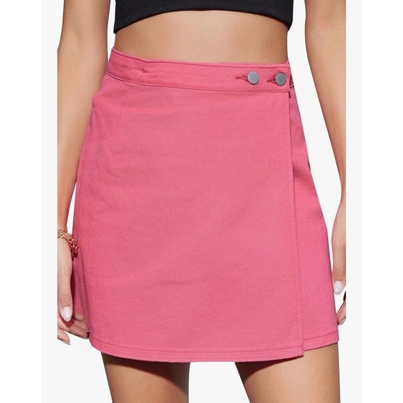 Wdirara Dresses & Skirts - WDIRARA Women's Medium High Waisted ALine Button Wrap Denim Jean Mini Skirt Pink